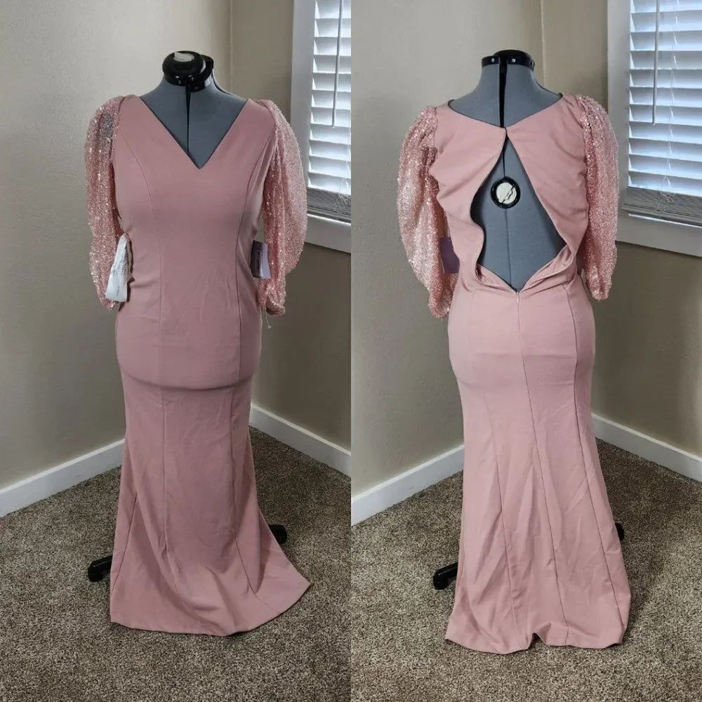 JS COLLECTIONS Beaded Illusion Sleeve Trumpet Gown In Blush NWT Size 4